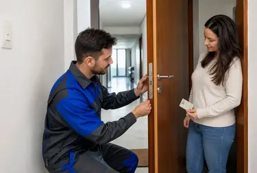 Chaveiro abrindo uma porta com ferramentas apropriadas.