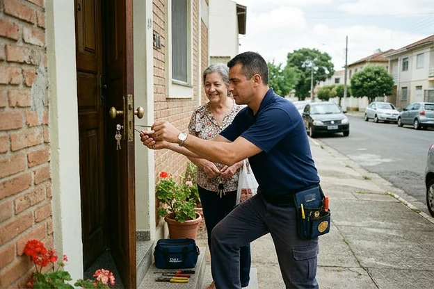 Chaveiro ajudando um cliente a abrir uma porta com ferramentas.