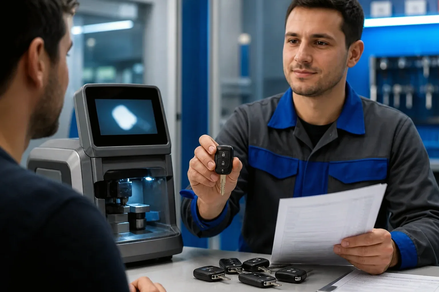 Chaveiro fazendo uma chave codificada com equipamento específico.