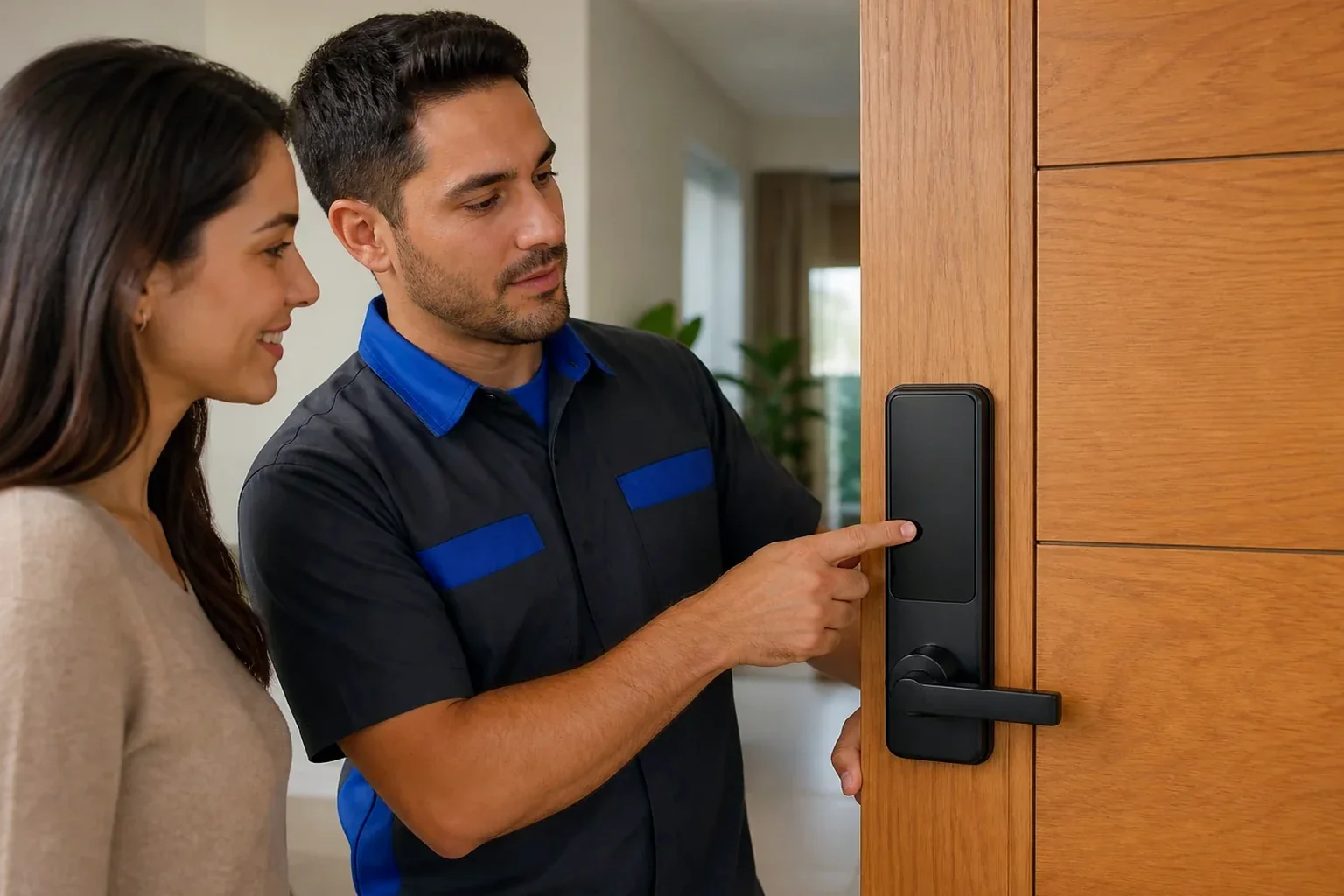 Chaveiro instalando uma fechadura digital em uma porta residencial.
