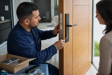 Chaveiro instalando uma fechadura nova em uma porta.