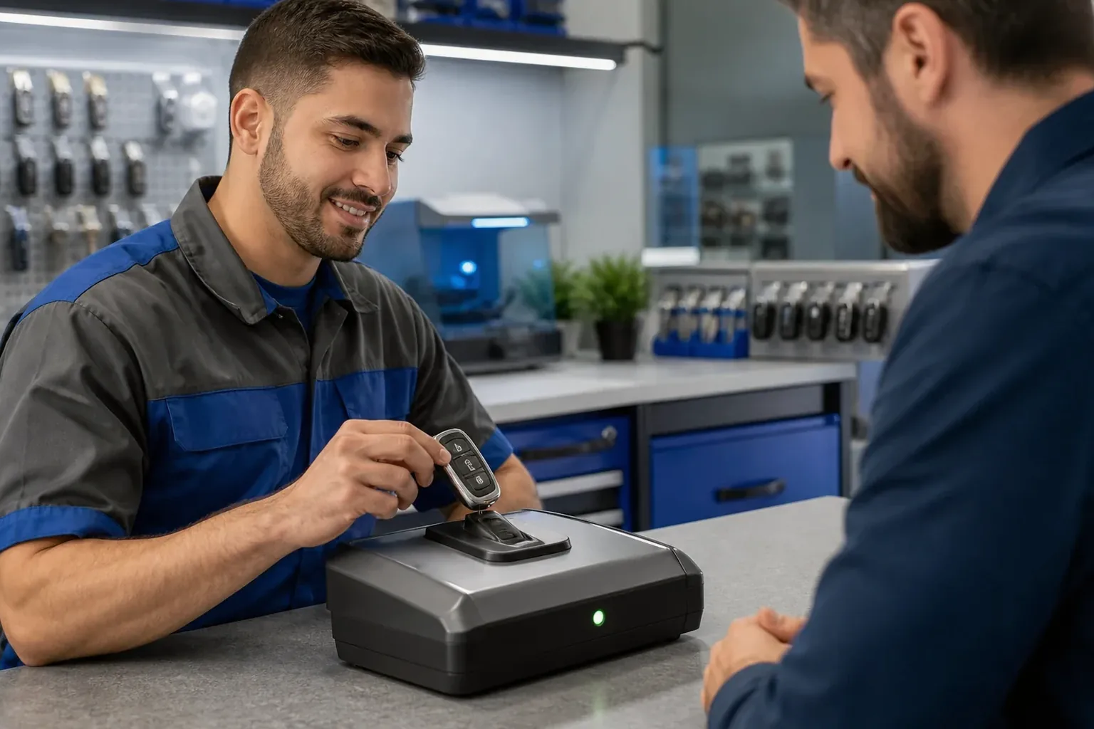 Chaveiro programando um controle remoto para automóvel.