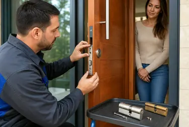 Chaveiro trocando uma fechadura em uma porta.